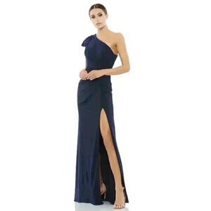 MAC DUGGAL Ruffled One Shoulder Draped Gown 10 Navy Thigh Slit Cap Sleeve Dress